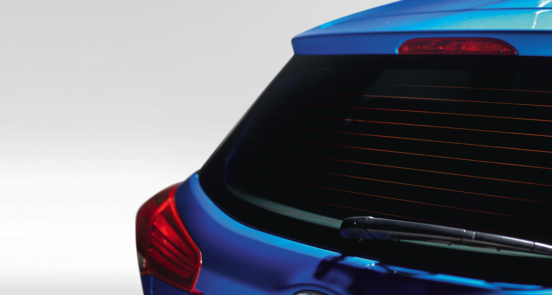 Rear view of red Elite i20's rear defogger