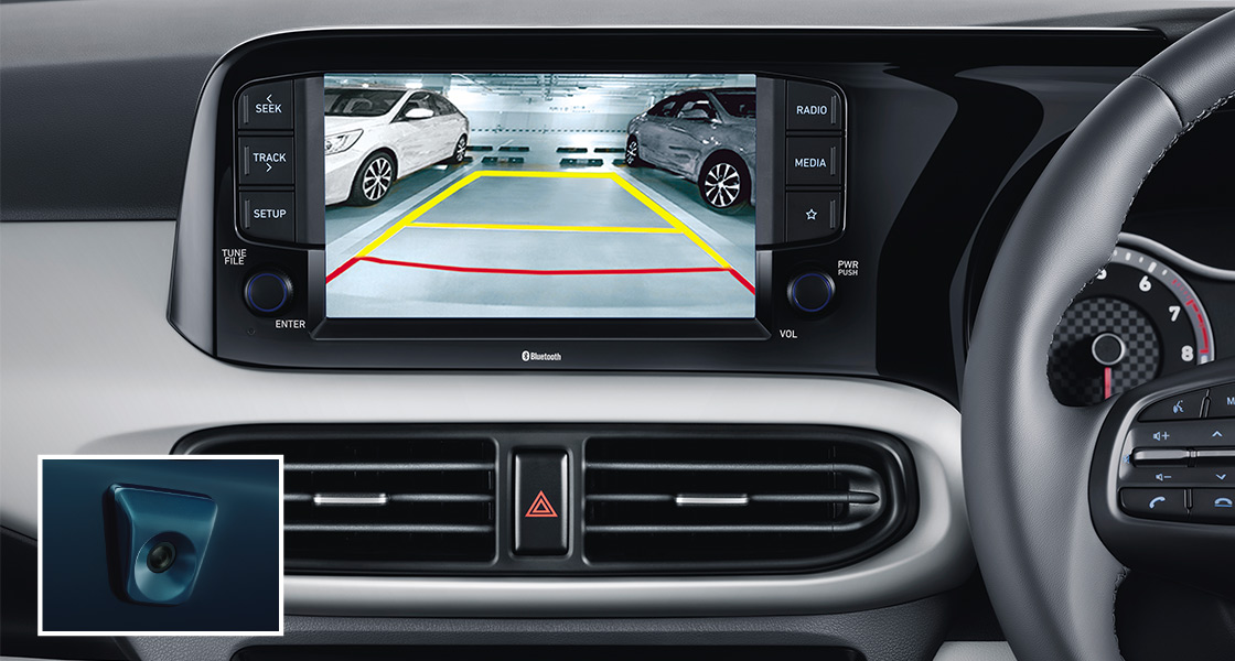 Rear parking assist system sensor illustration on tangerine orangeGRAND i10 NIOS