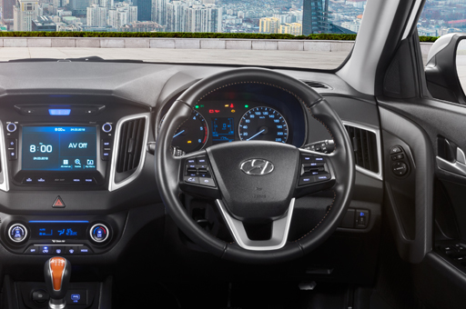 Full view of cockpit area with tilted steering wheel